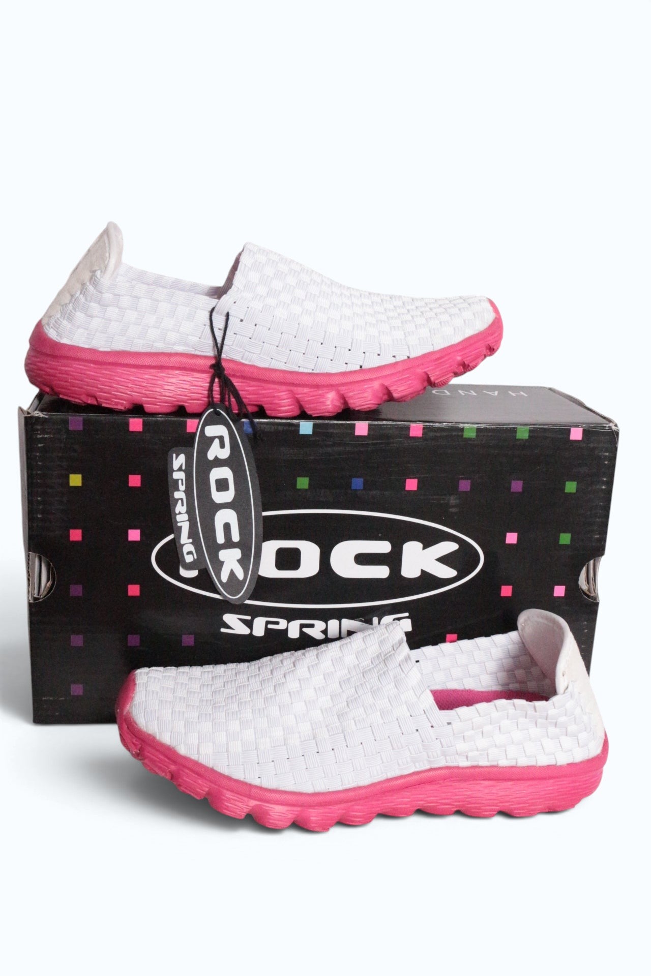 Baskets femme Frippindealz Rock Spring en textile tressé blanc avec semelle rose vif, présentées avec leur boîte.