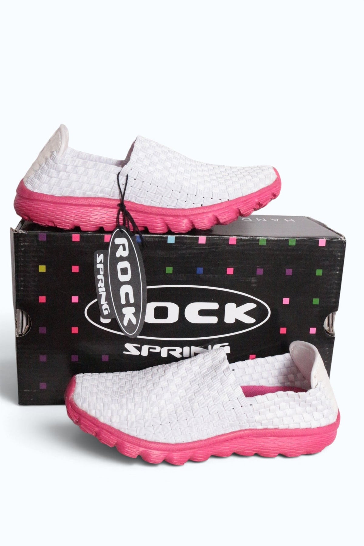 Baskets femme Frippindealz Rock Spring en textile tressé blanc avec semelle rose vif, présentées avec leur boîte.