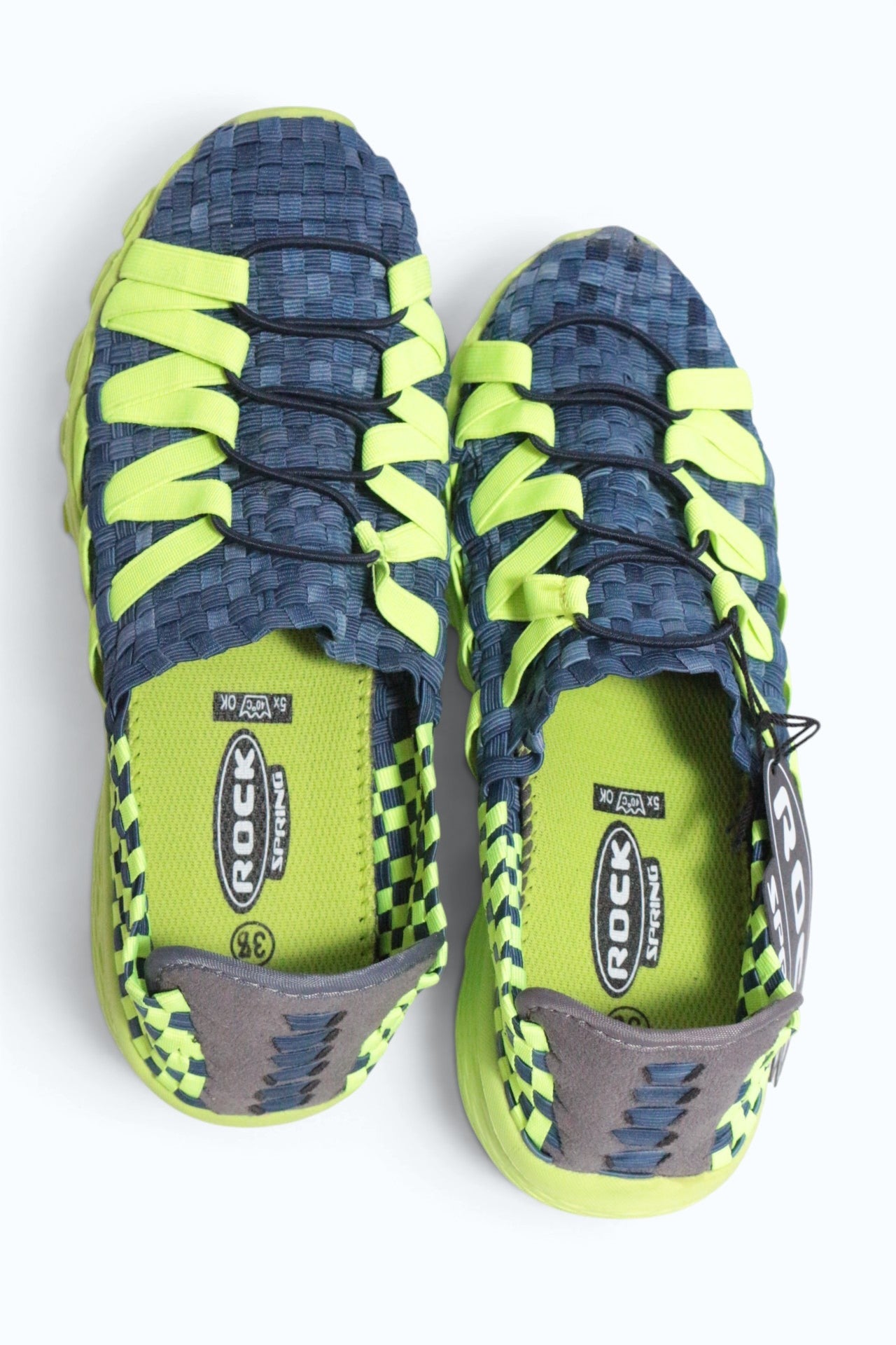 Baskets femme Frippindealz Rock Spring en textile tressé bleu et vert fluo avec semelle souple et légère
