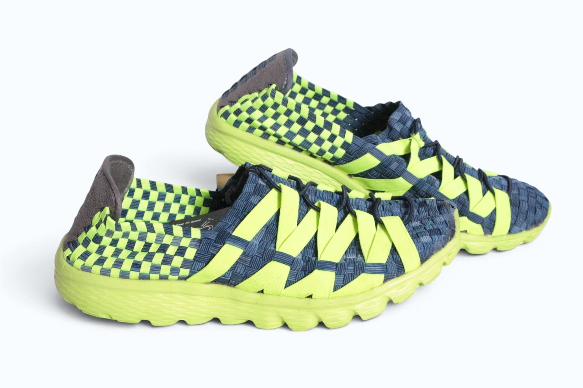 Baskets Frippindealz Rock Spring pour femme en textile tressé bleu et jaune fluo avec semelle souple et légère