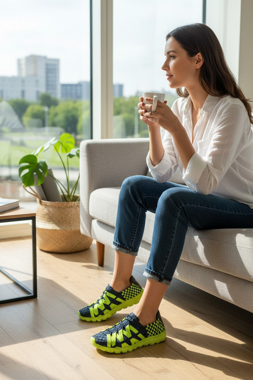 Femme assise sur un canapé portant des baskets Frippindealz Rock Spring en textile tressé bleu et vert fluo