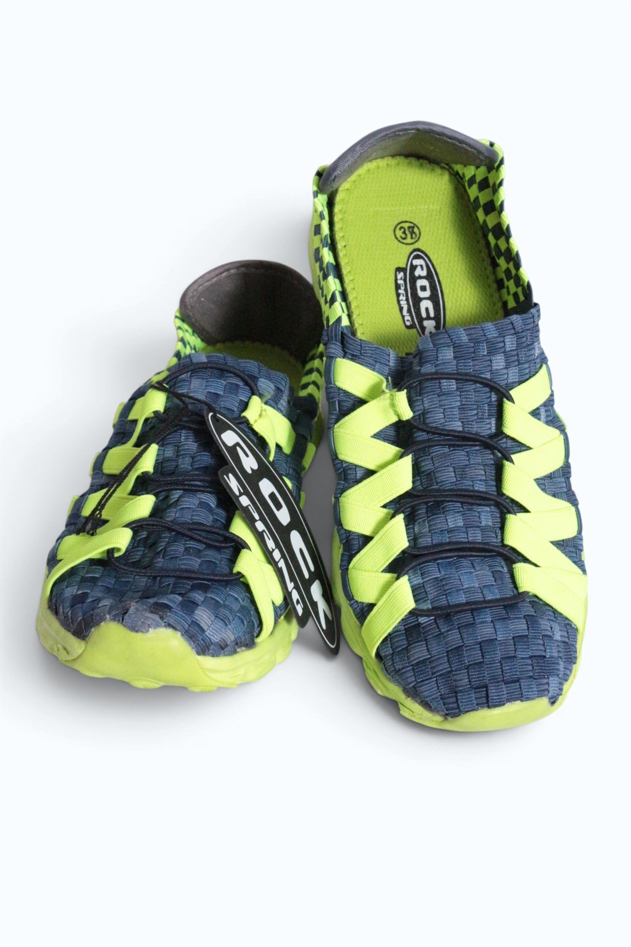 Baskets femme Frippindealz Rock Spring en textile tressé bleu et jaune fluo avec semelle souple et légère