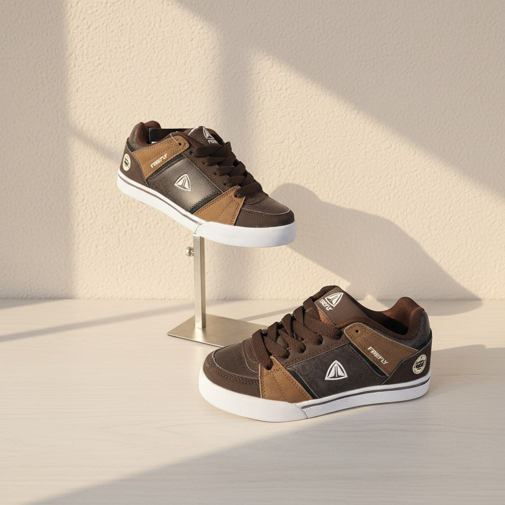 Baskets de skate Frippindealz Firefly marron et noir avec semelle blanche et logo contrasté