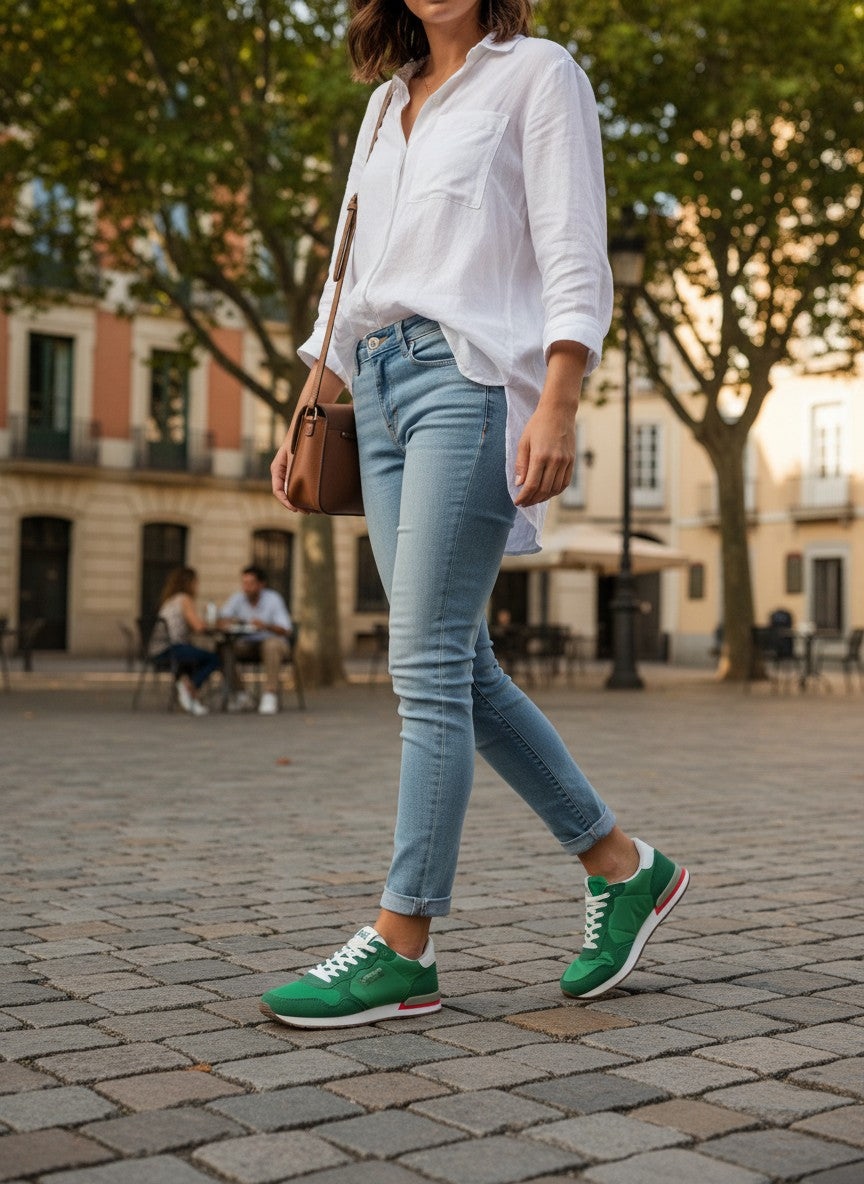 Femme portant des baskets XTI en suédine verte avec un jean et une chemise blanche dans une rue pavée Frippindealz