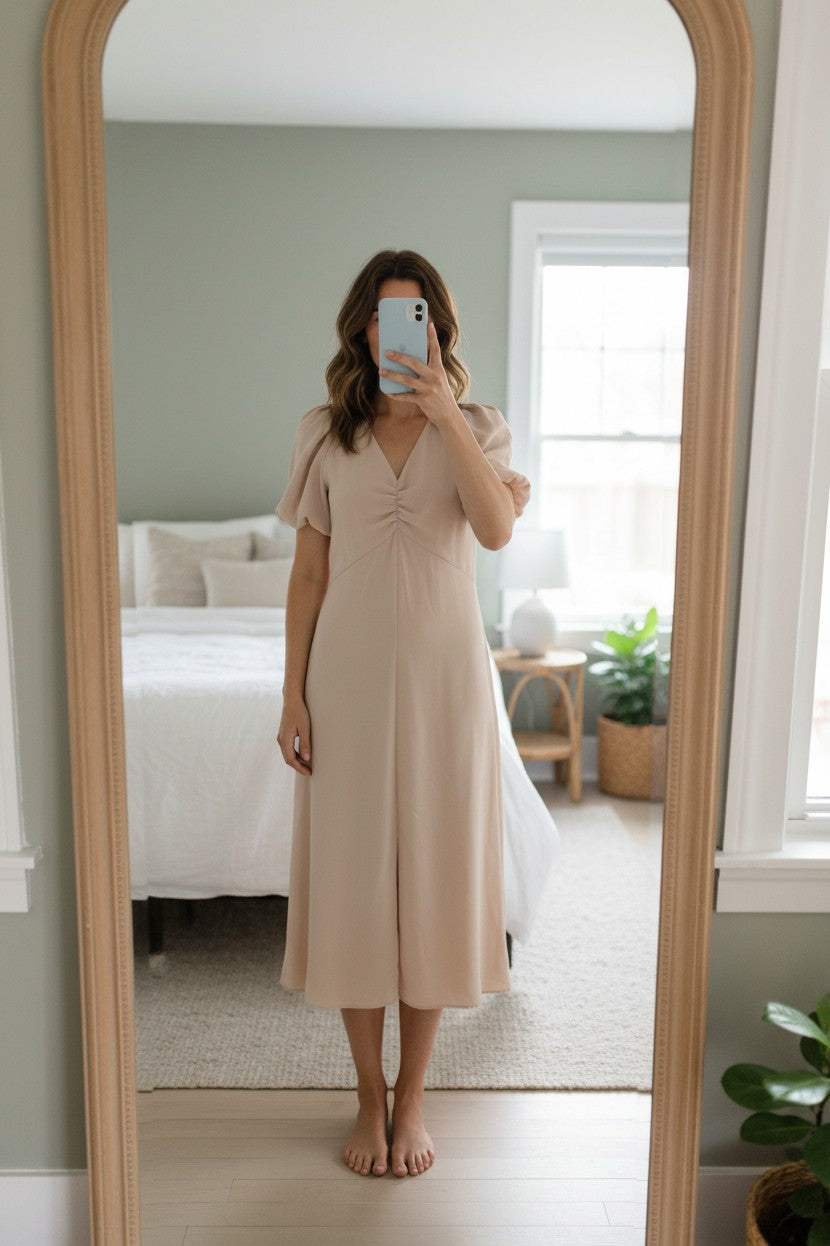 Frippindealz beige polyester midi dress with short puff sleeves and ruched V-neckline