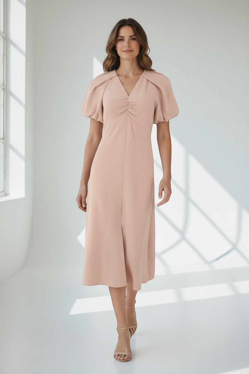 Frippindealz Neo noir beige polyester midi dress with ruched bust and puff sleeves.