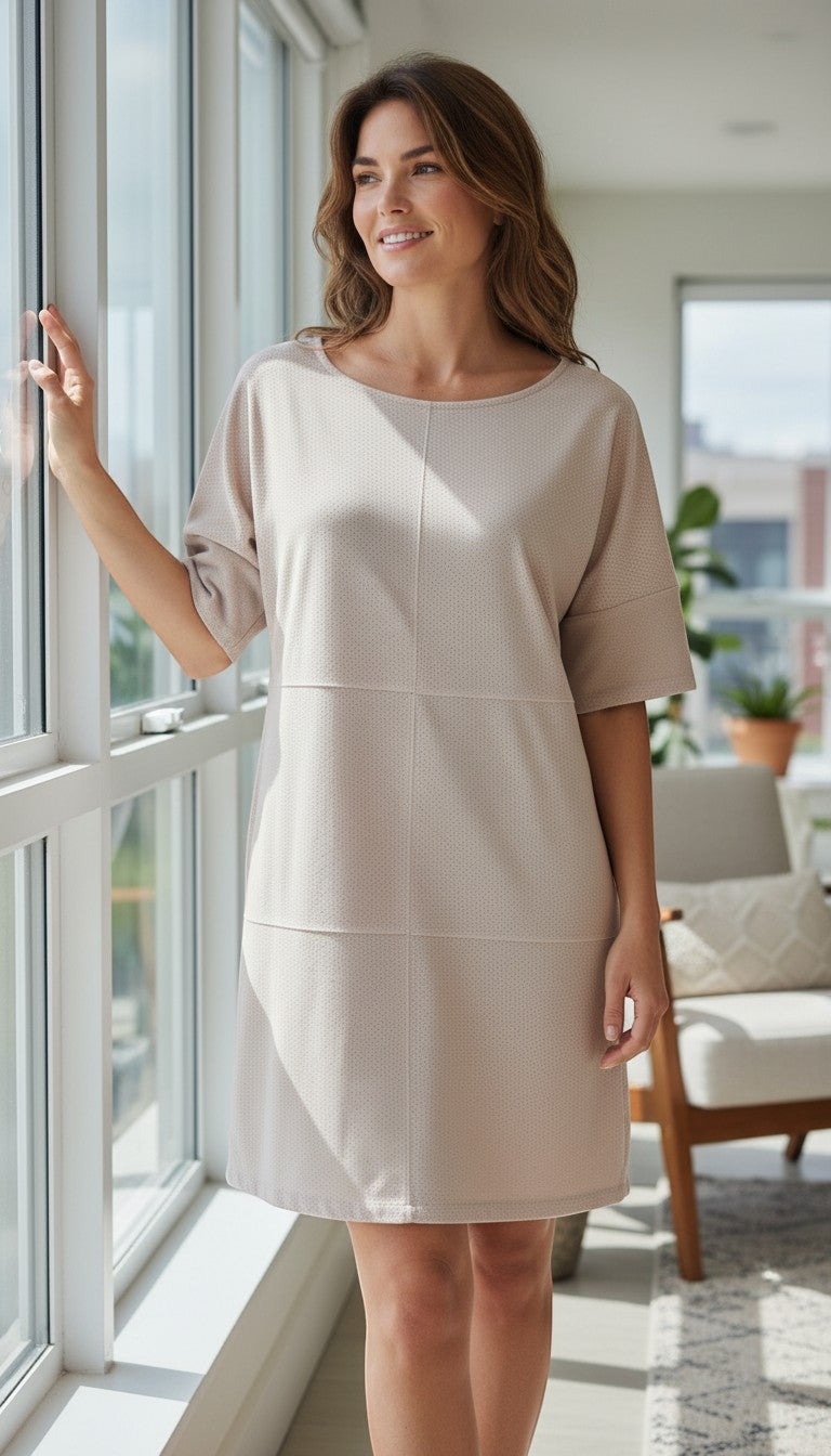 Frippindealz beige polyester short dress with short sleeves, perforated fabric, and a soft faux suede effect.
