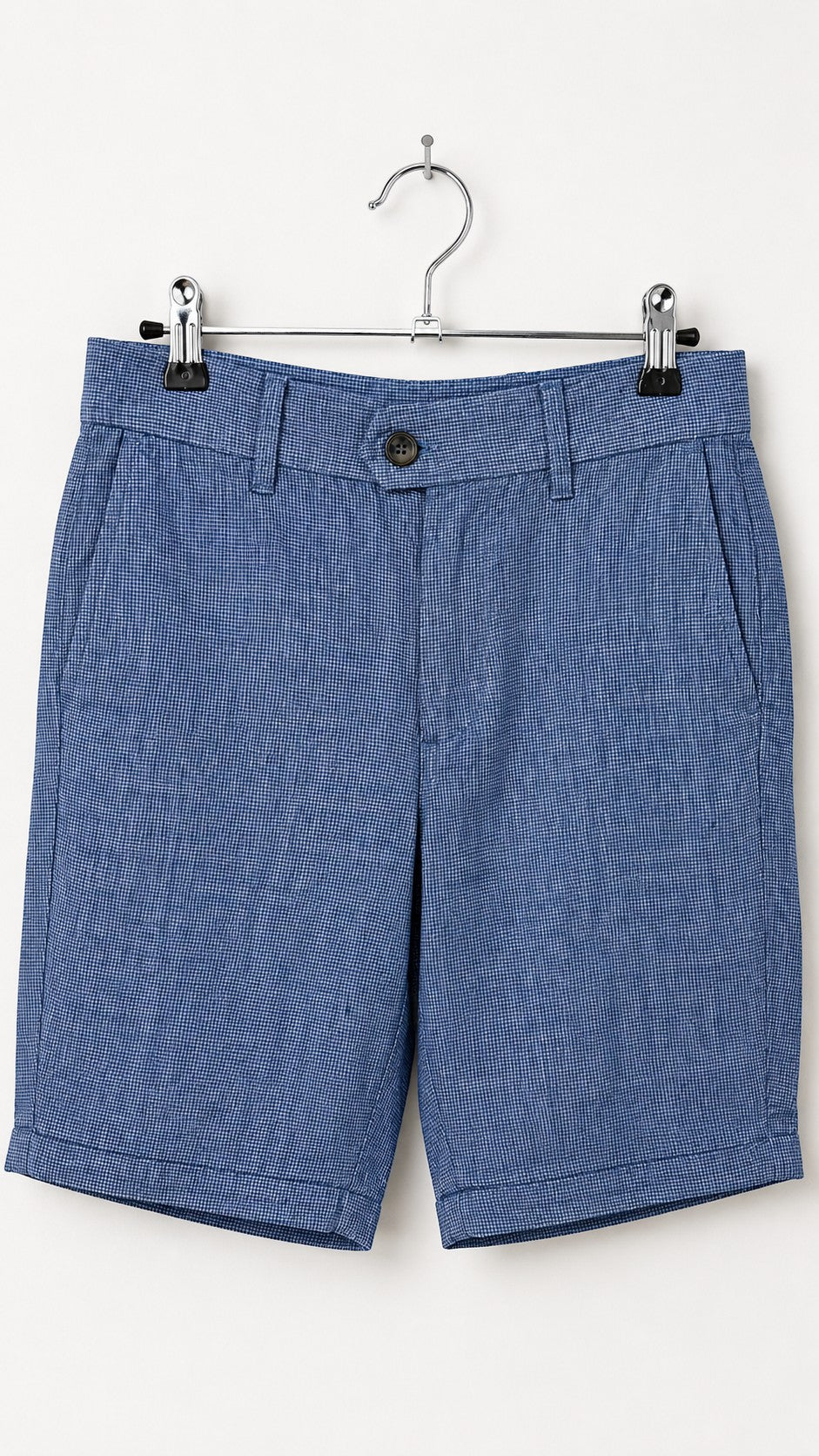Bermuda homme Frippindealz Mango Lisboa en lin bleu clair chiné, coupe slim fit, neuf avec étiquette.