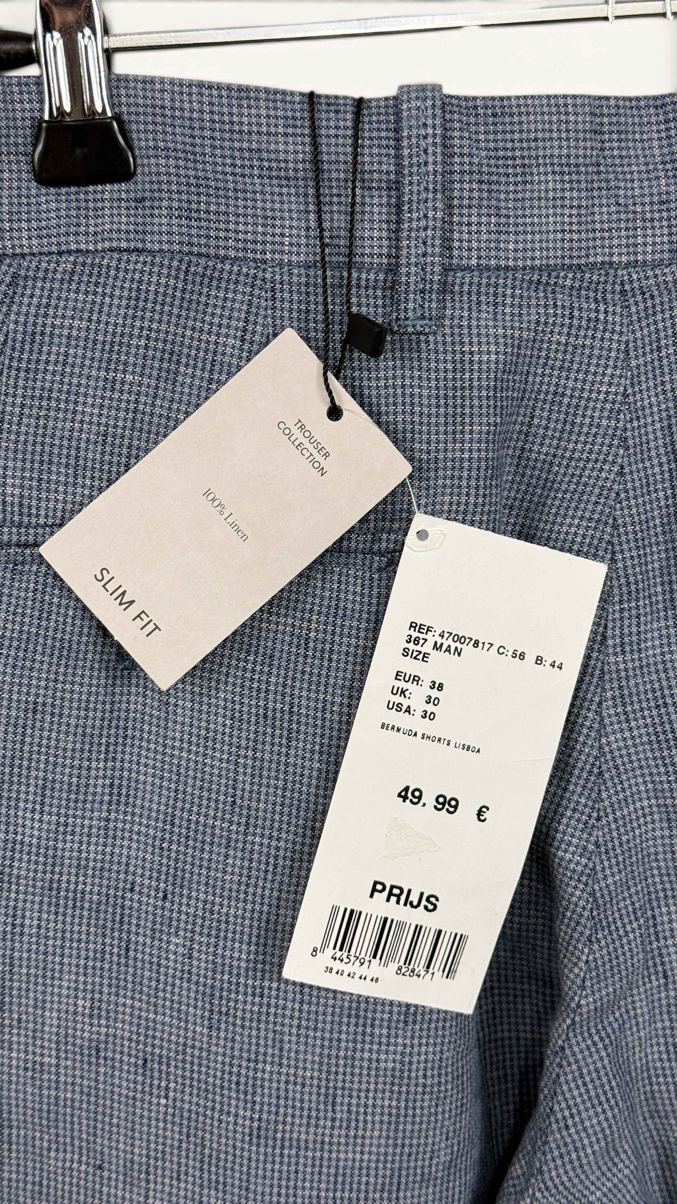 Bermuda homme Frippindealz Mango Lisboa en lin bleu clair chiné, coupe slim fit, neuf avec étiquettes.