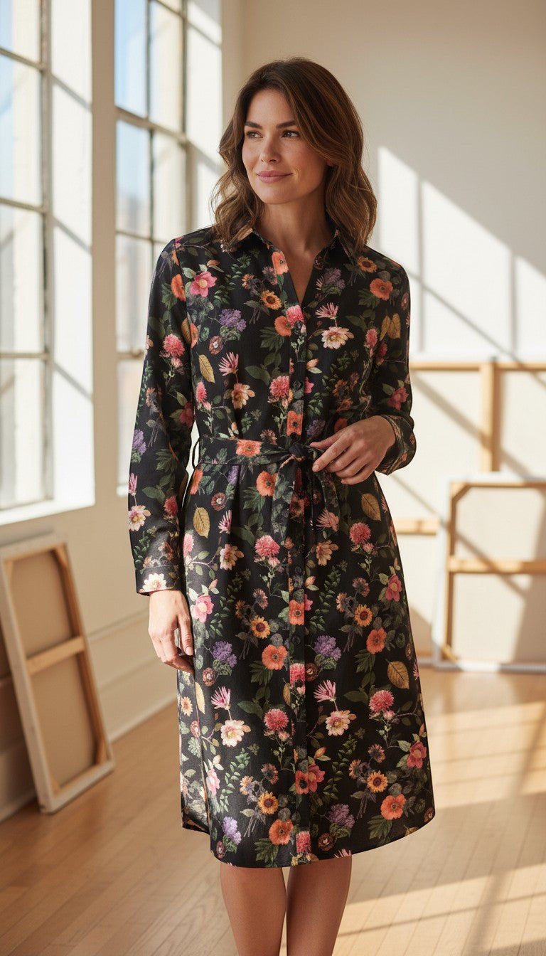 Frippindealz black polyester and elastane shirt dress with a vibrant floral print and tie waist.