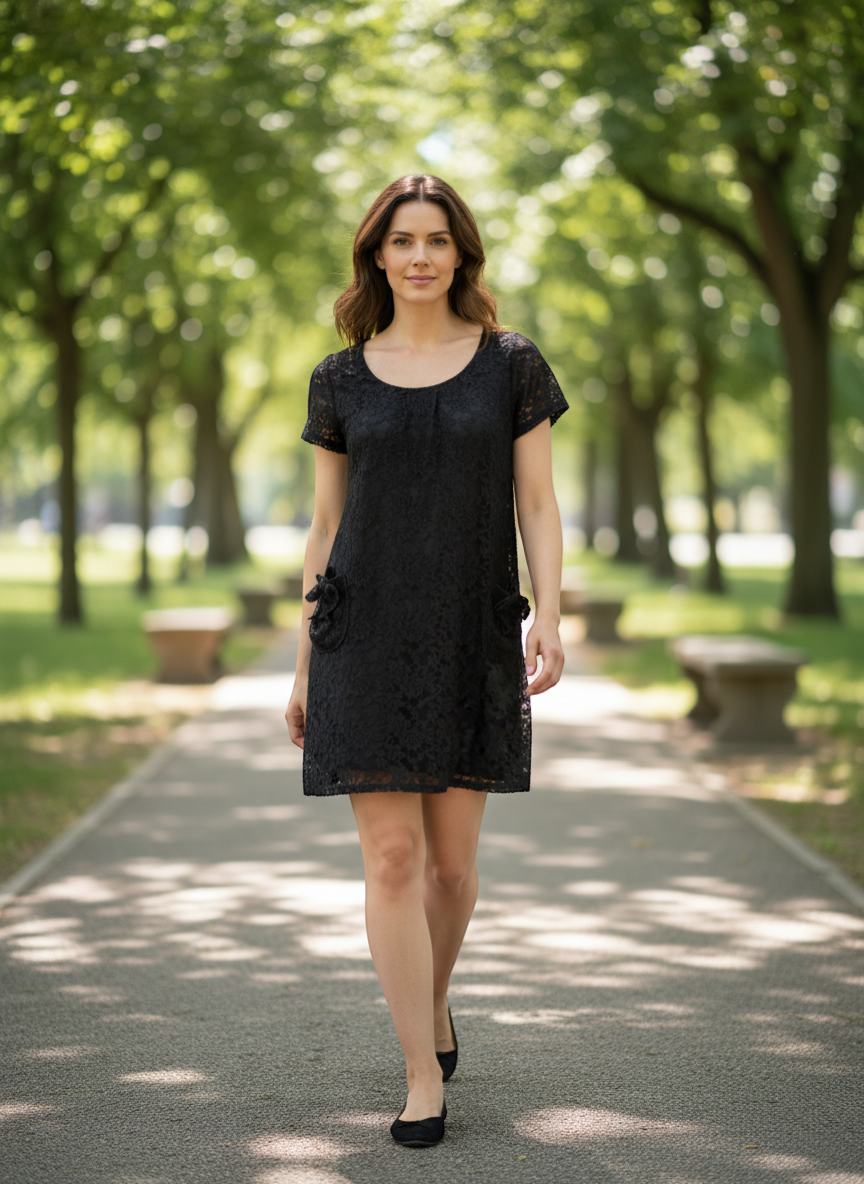 Frippindealz black lace short dress with floral pattern, short sleeves, and decorative bow pockets. Cotton-elastane blend.