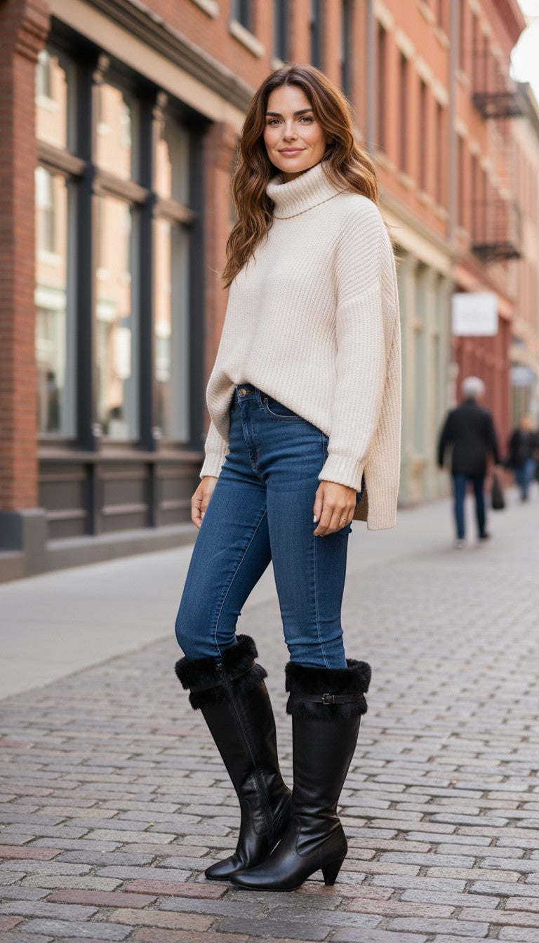 Frippindealz black leather knee-high boots with fur trim and buckle detail.