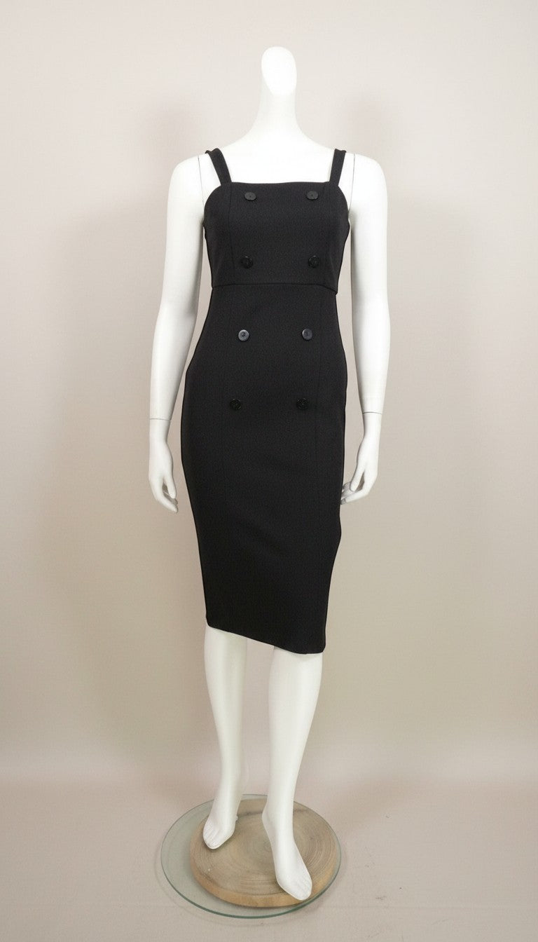 Frippindealz black polyester-elastane midi dress with double-breasted button detail and square neckline.