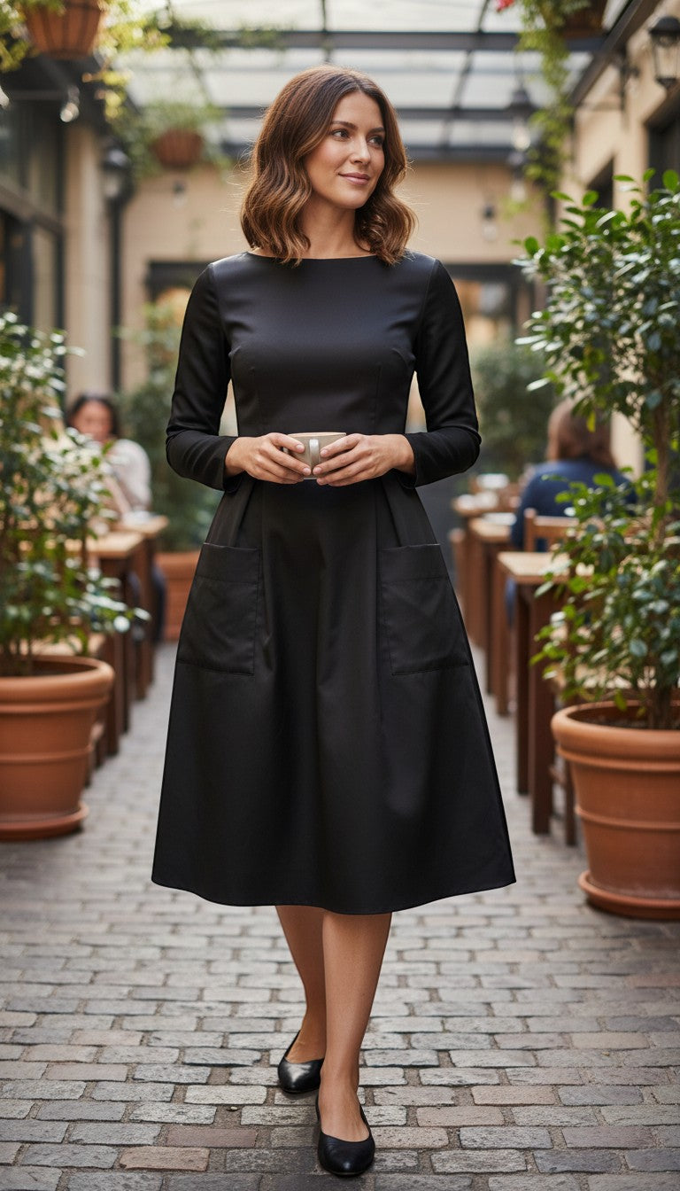 Frippindealz black polyester spandex long sleeve midi dress with pockets, size S. Boat neck, flared skirt.