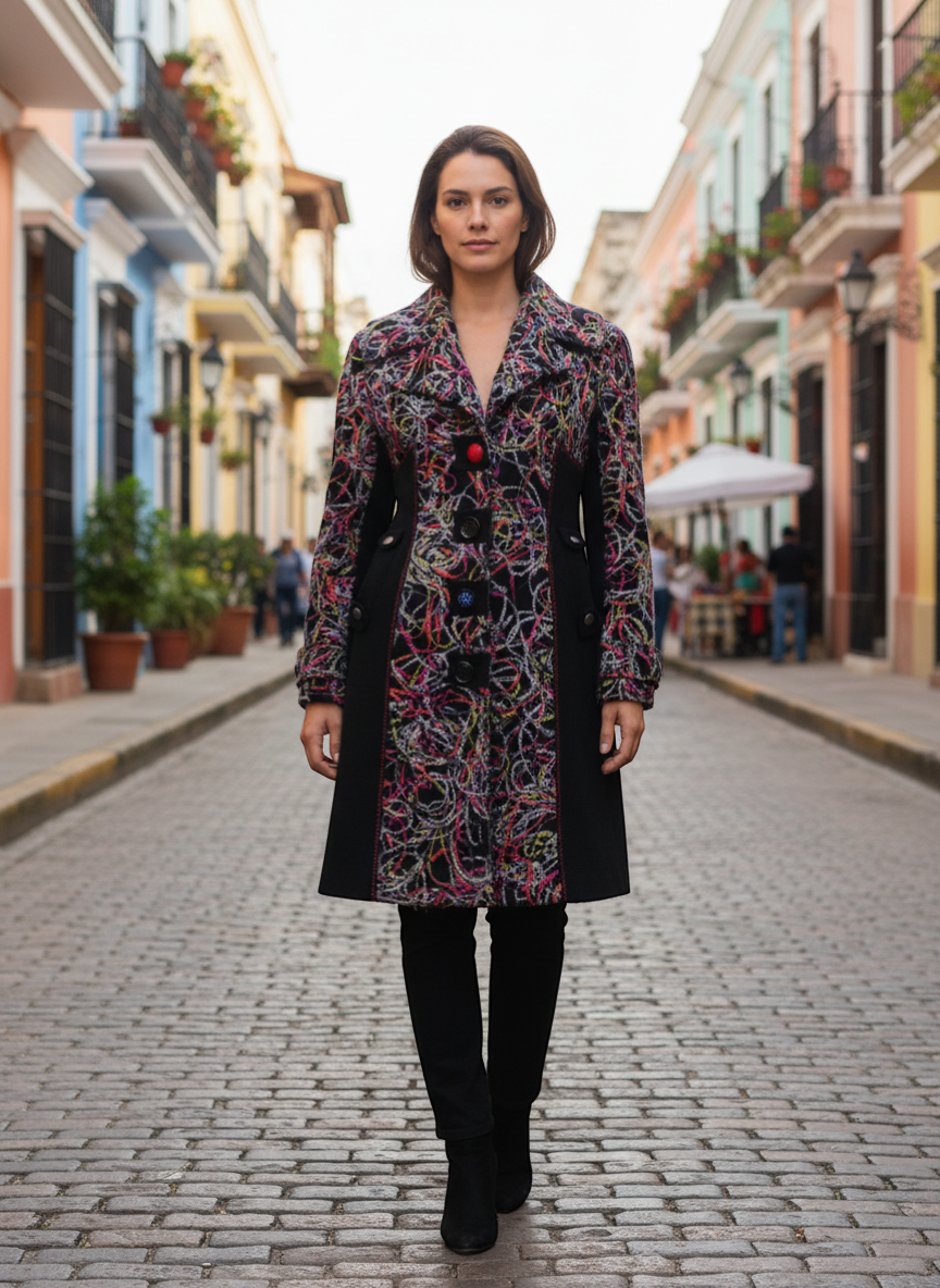 Frippindealz black wool blend coat with multicoloured abstract pattern and contrasting black panels. Features unique buttons.