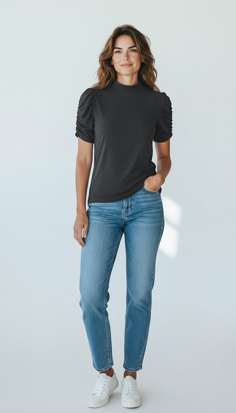 Frippindealz black polyester mock neck top with ruched short sleeves, perfect for stylish evenings.