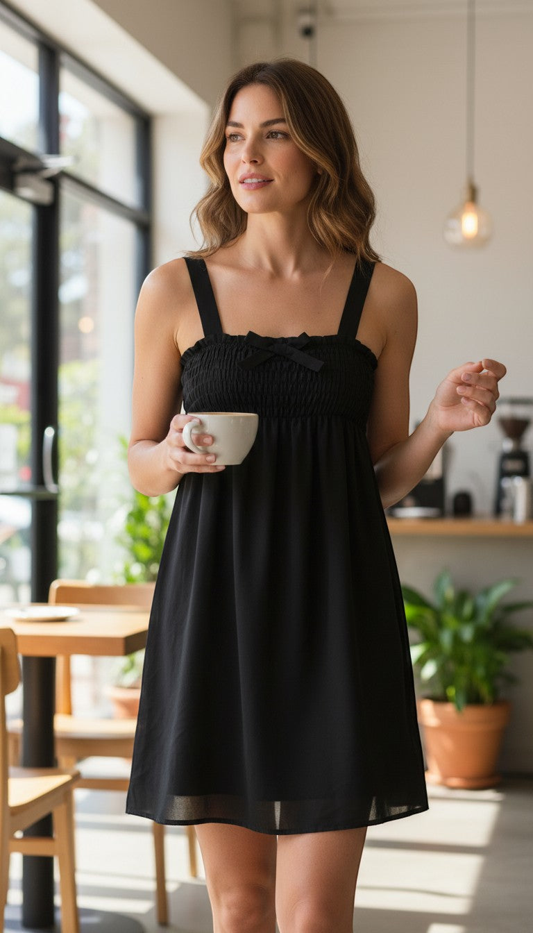 Frippindealz black polyester short dress with spaghetti straps and a bow detail on the bust, size XL.