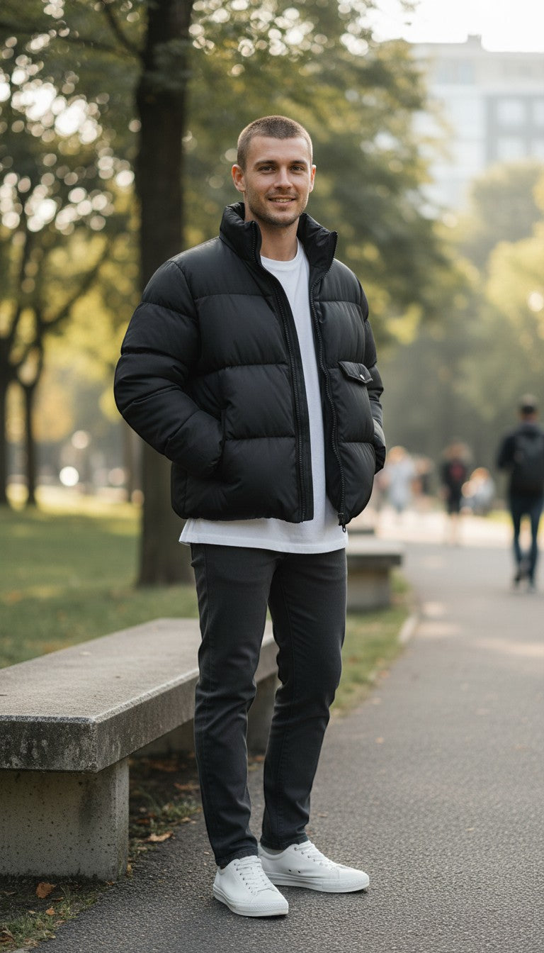 Frippindealz Zara black polyester polyamide puffer jacket with zip closure and chest pocket.
