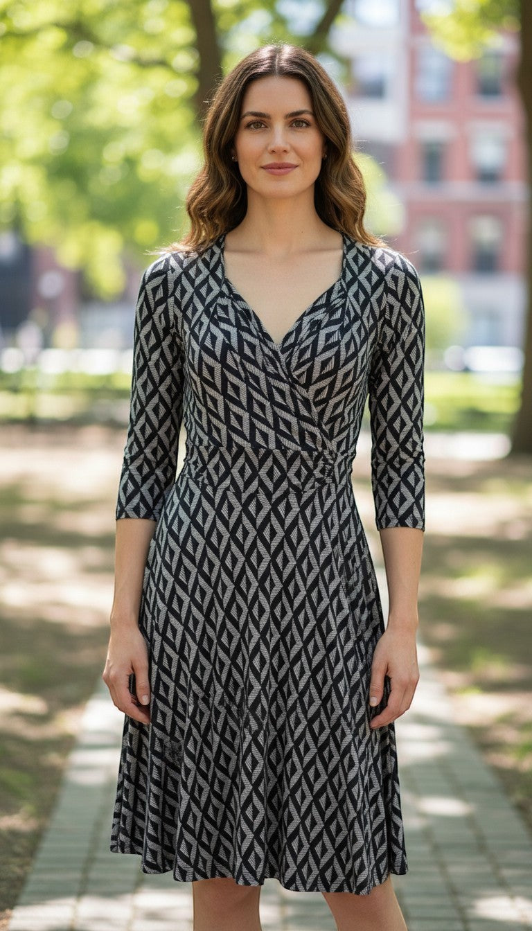 Frippindealz Lolaliza black and white geometric print polyester midi wrap dress with 3/4 sleeves.