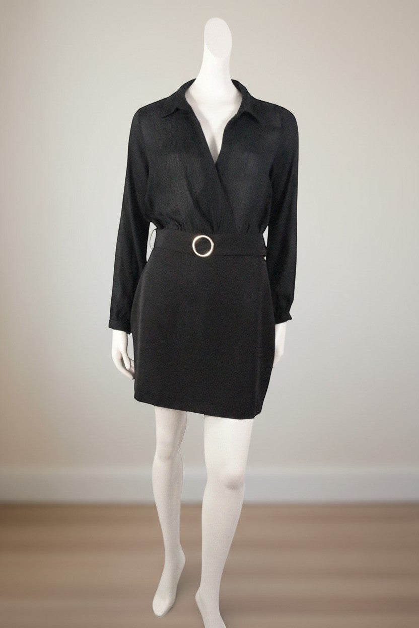 Frippindealz black viscose blend wrap mini dress with gold ring belt detail and collared neckline.