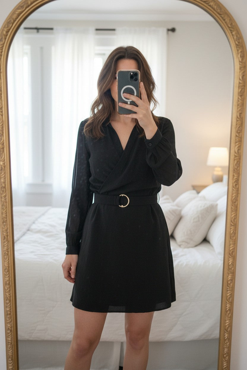 Frippindealz black viscose blend wrap mini dress with gold ring belt and collared neckline.