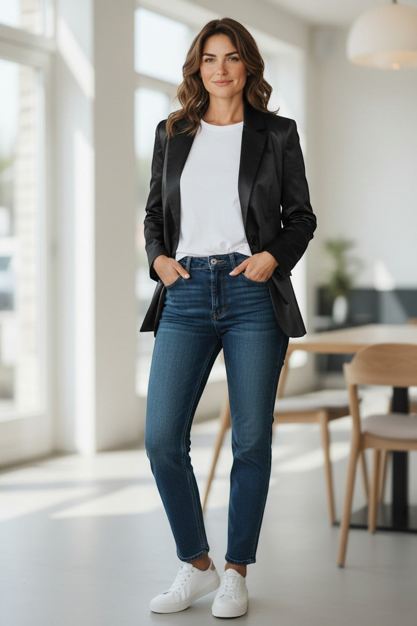 Frippindealz Blazer Binicci noir en polyamide et élasthanne, coupe ajustée, col à revers satiné, fermeture boutonnée.