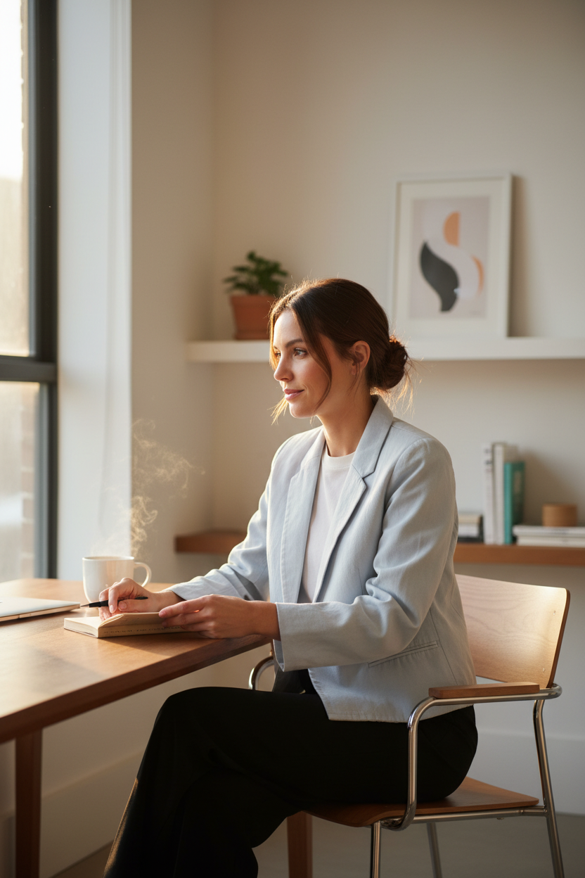 Femme portant un blazer bleu clair Frippindealz ajusté, assise à un bureau en bois avec un livre et une tasse fumante