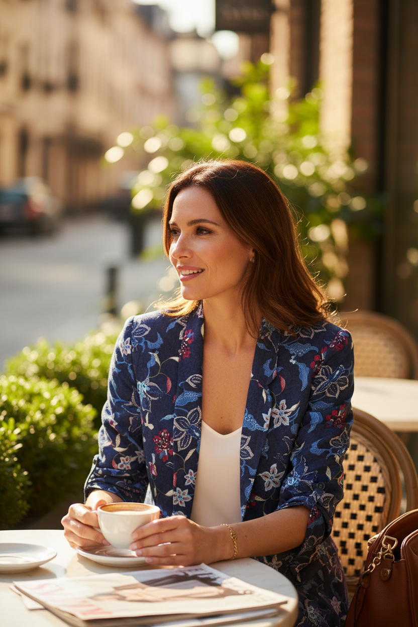 Femme portant un blazer bleu à motif floral Frippindealz, assis à une table de terrasse avec un café.