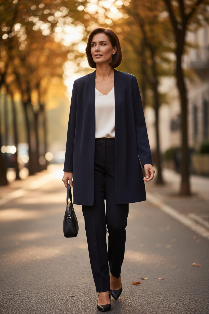 Femme élégante portant un blazer bleu marine Frippindealz en polyester, style minimaliste, marchant en ville.