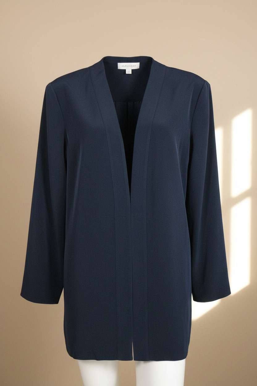 Blazer Frippindealz Paul Mausner bleu marine minimaliste en polyester pour femme, coupe droite élégante