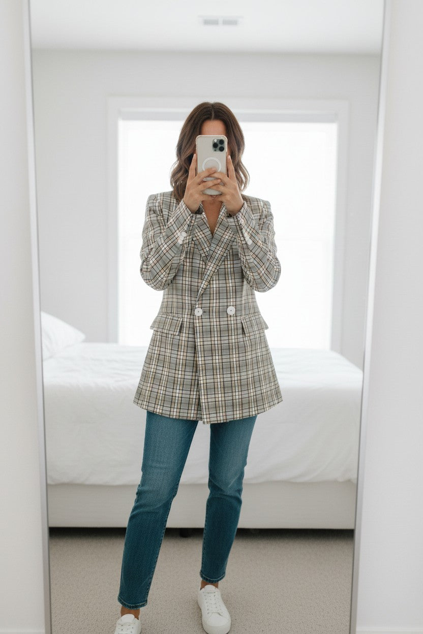Frippindealz Blazer en lin et coton beige à carreaux multicolores, double boutonnage, col à revers