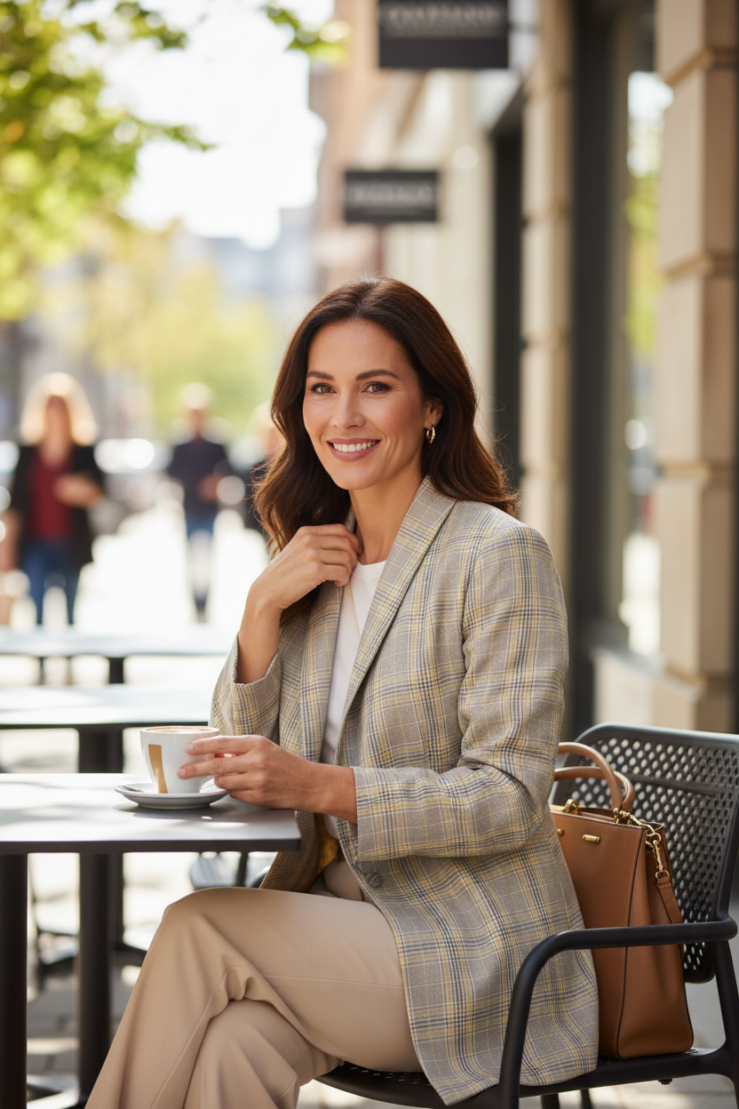 Femme souriante portant un blazer Frippindealz à carreaux jaunes, marron et beige, assise à une terrasse de café.