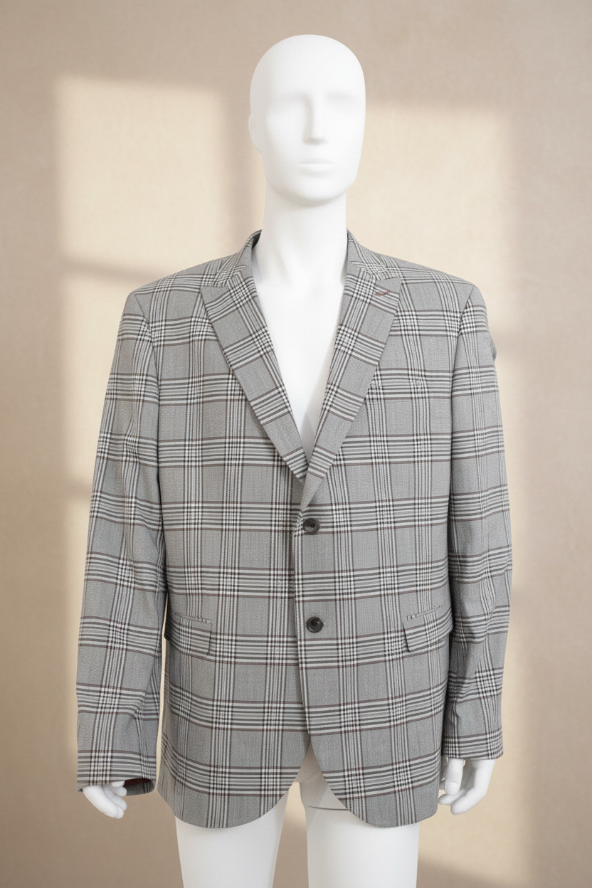 Blazer Frippindealz Ziltt à carreaux gris et blancs en mélange polyester et viscose sur mannequin