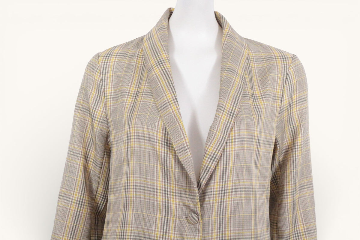 Blazer Frippindealz Glamaker en polyester à motif carreaux dans des tons jaune, marron et beige, coupe classique.