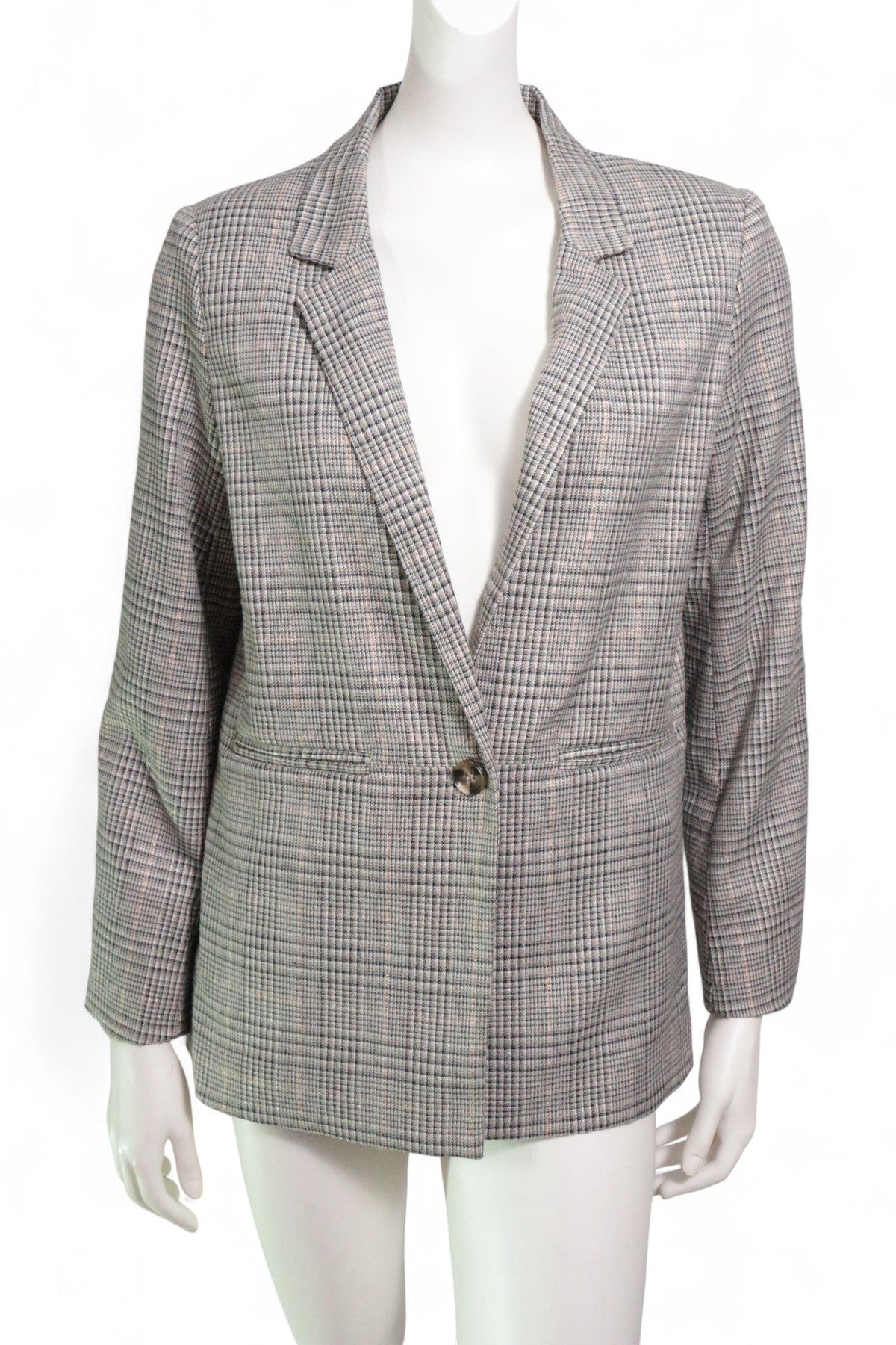 Blazer Frippindealz Deeluxe en polyester beige, noir et doré à motif carreaux sur mannequin