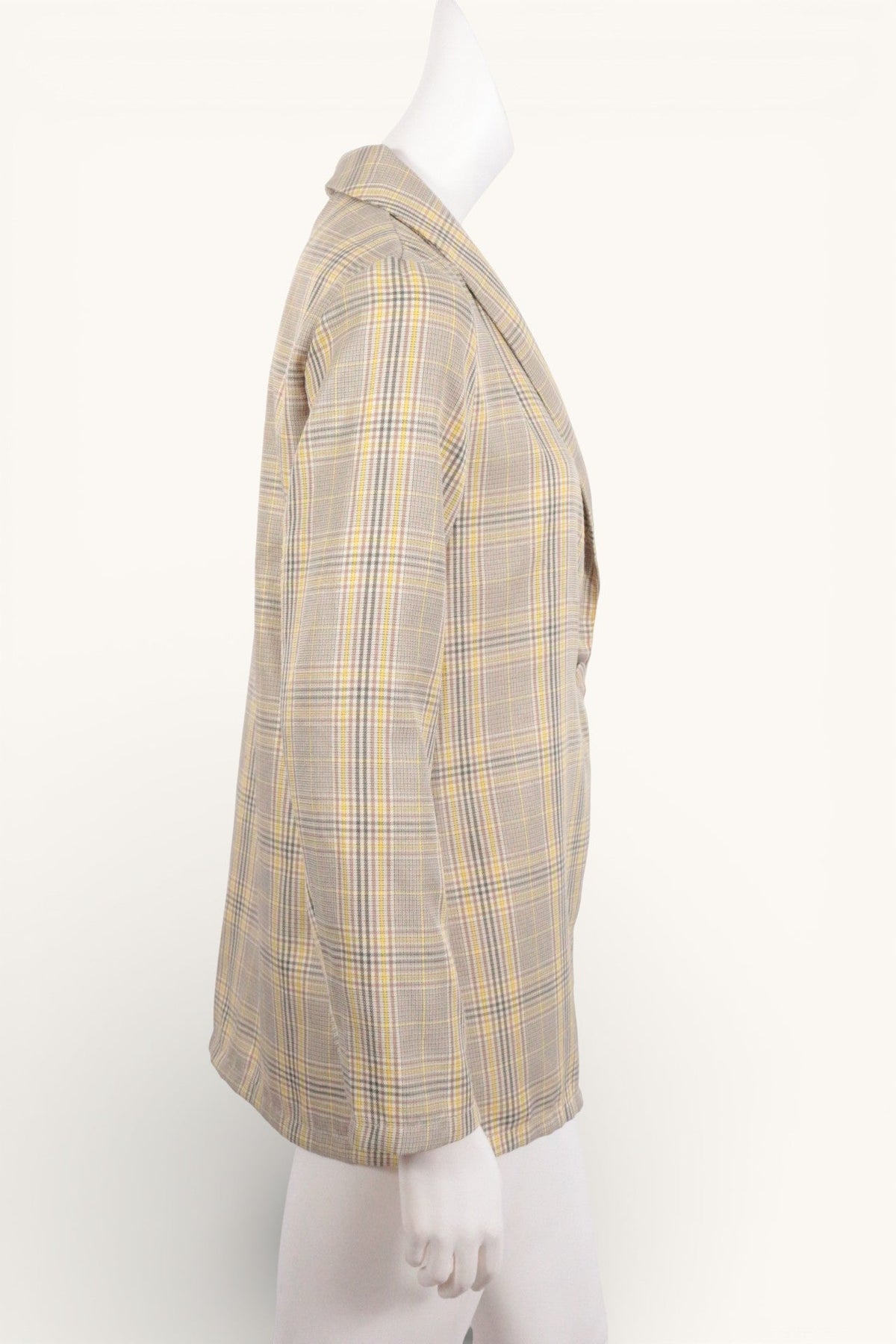 Blazer Glamaker Frippindealz en polyester à carreaux jaunes, marron et beige, coupe classique, vue de profil