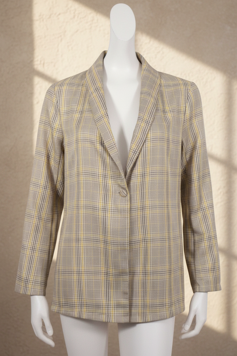 Blazer Glamaker Frippindealz en polyester à motif carreaux dans des tons jaune, marron et beige, coupe classique.