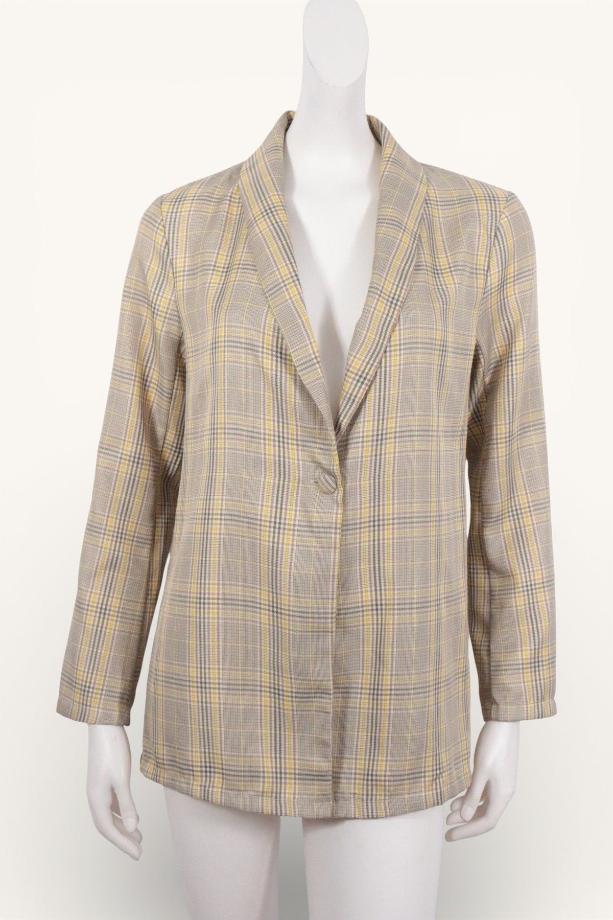 Blazer Frippindealz Glamaker en polyester à motif carreaux dans des tons jaune, marron et beige, coupe classique.