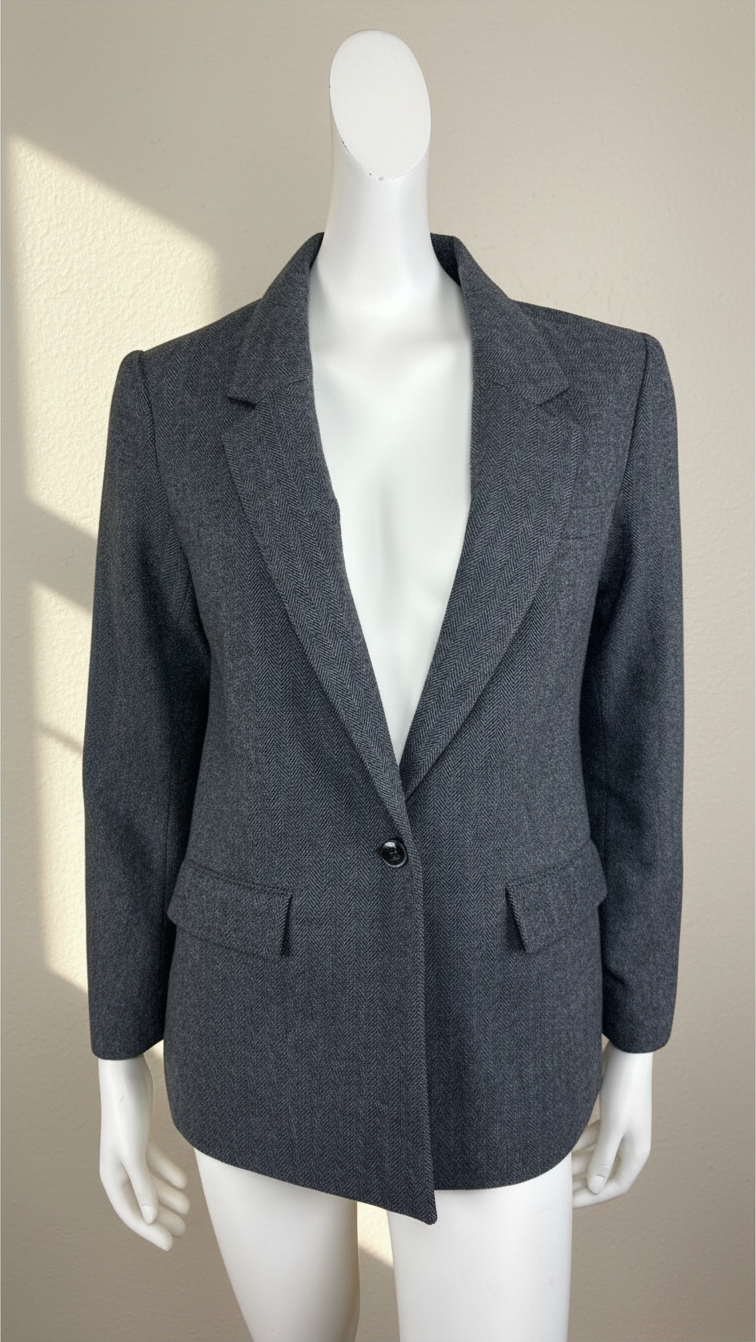 Blazer gris Frippindealz en mélange de laine, polyester et acrylique avec motif chevrons, coupe ajustée, neuf
