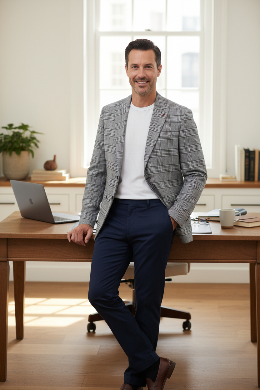 Homme souriant portant un blazer Frippindealz à carreaux gris et blanc, t-shirt blanc et pantalon bleu marine au bureau