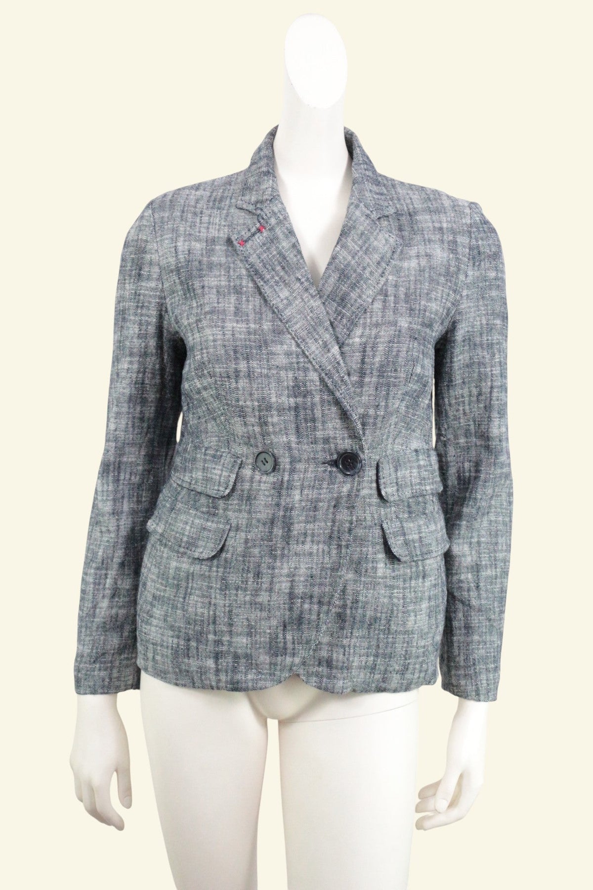 Blazer Frippindealz Kookaï en mélange de coton et lin bleu marine et blanc avec poches à rabat et fermeture boutonnée