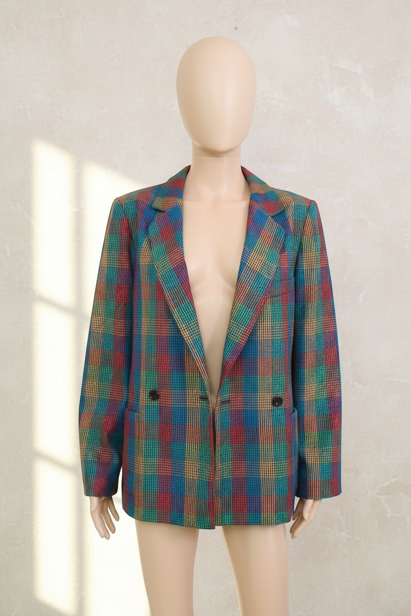 Blazer Frippindealz Cyrillus en laine à carreaux multicolores, coupe structurée avec boutonnage croisé.