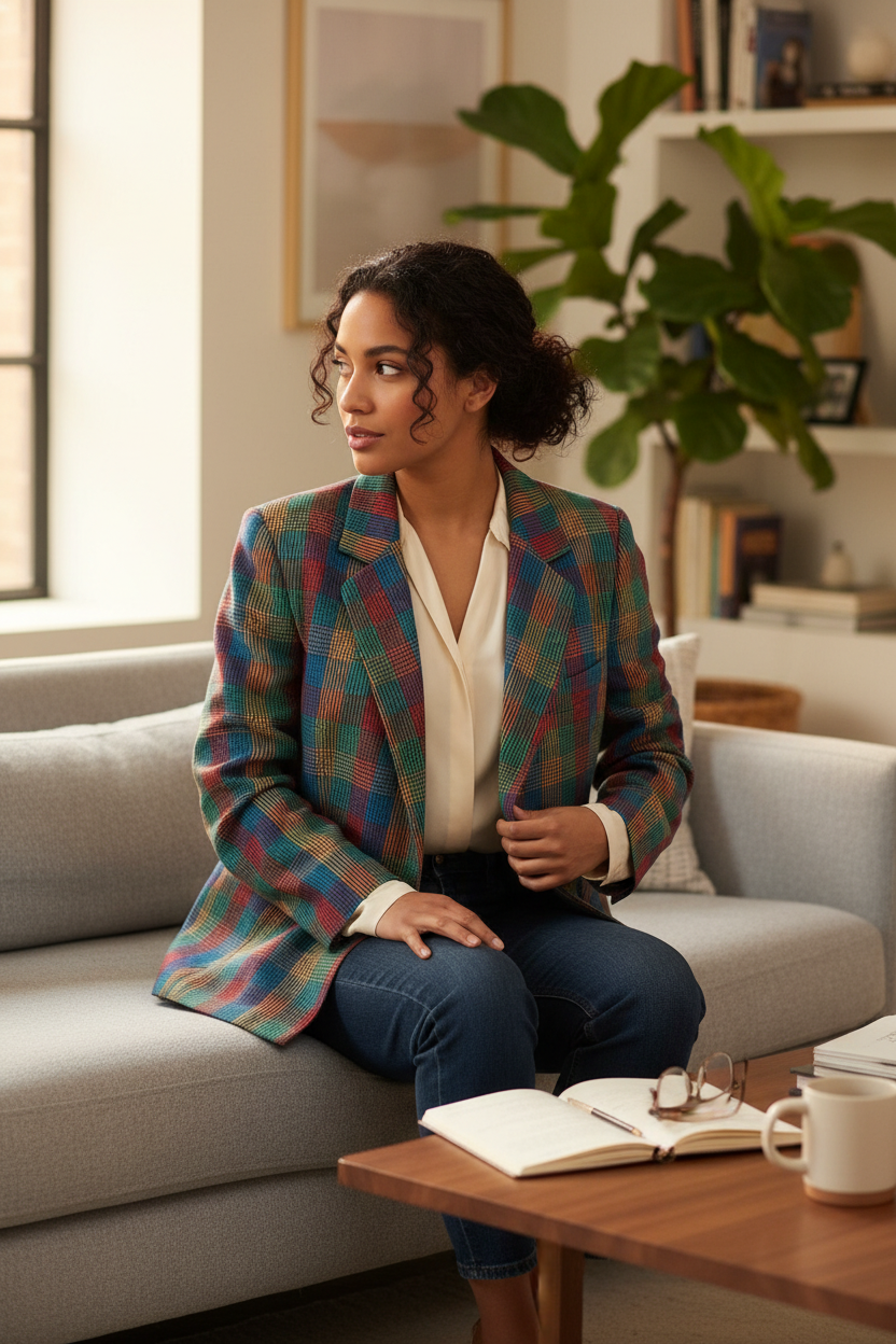Femme portant un blazer en laine à carreaux multicolores Frippindealz, assis sur un canapé dans un salon lumineux.