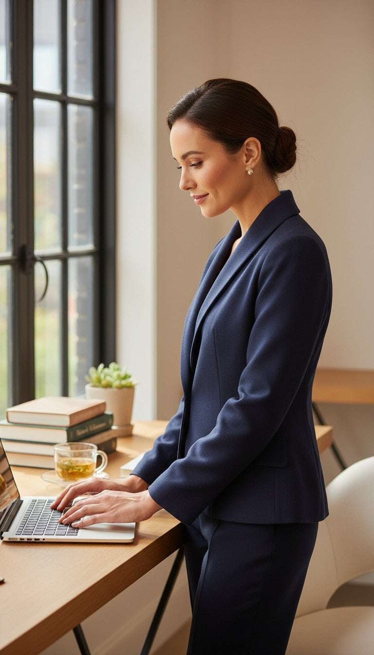 Femme portant un blazer Frippindealz bleu marine en laine avec col châle, travaillant sur un ordinateur portable.