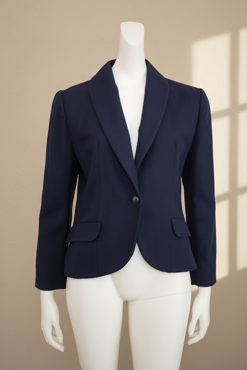 Blazer Frippindealz bleu marine en laine vintage avec col châle et fermeture à un bouton sur mannequin