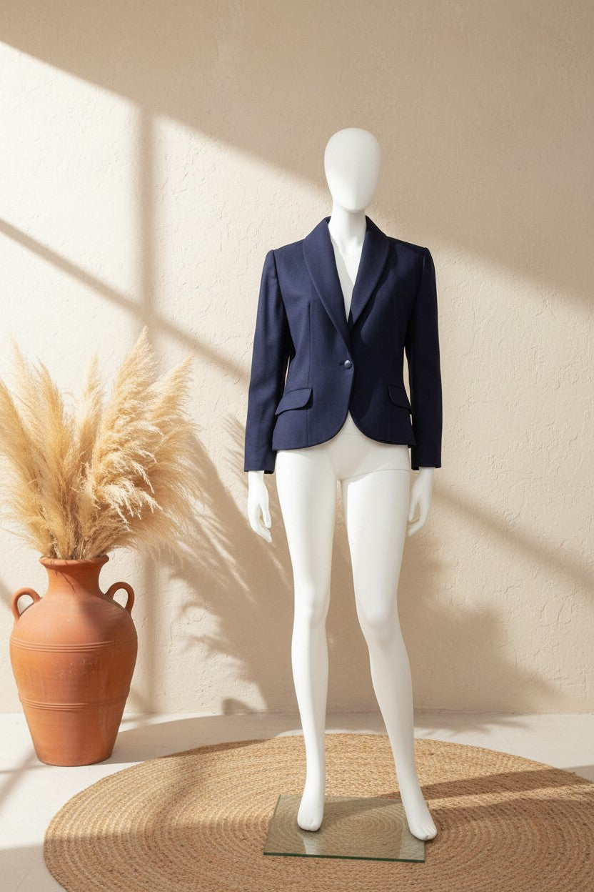 Blazer Frippindealz bleu marine en laine vintage avec col châle et fermeture à un bouton sur mannequin