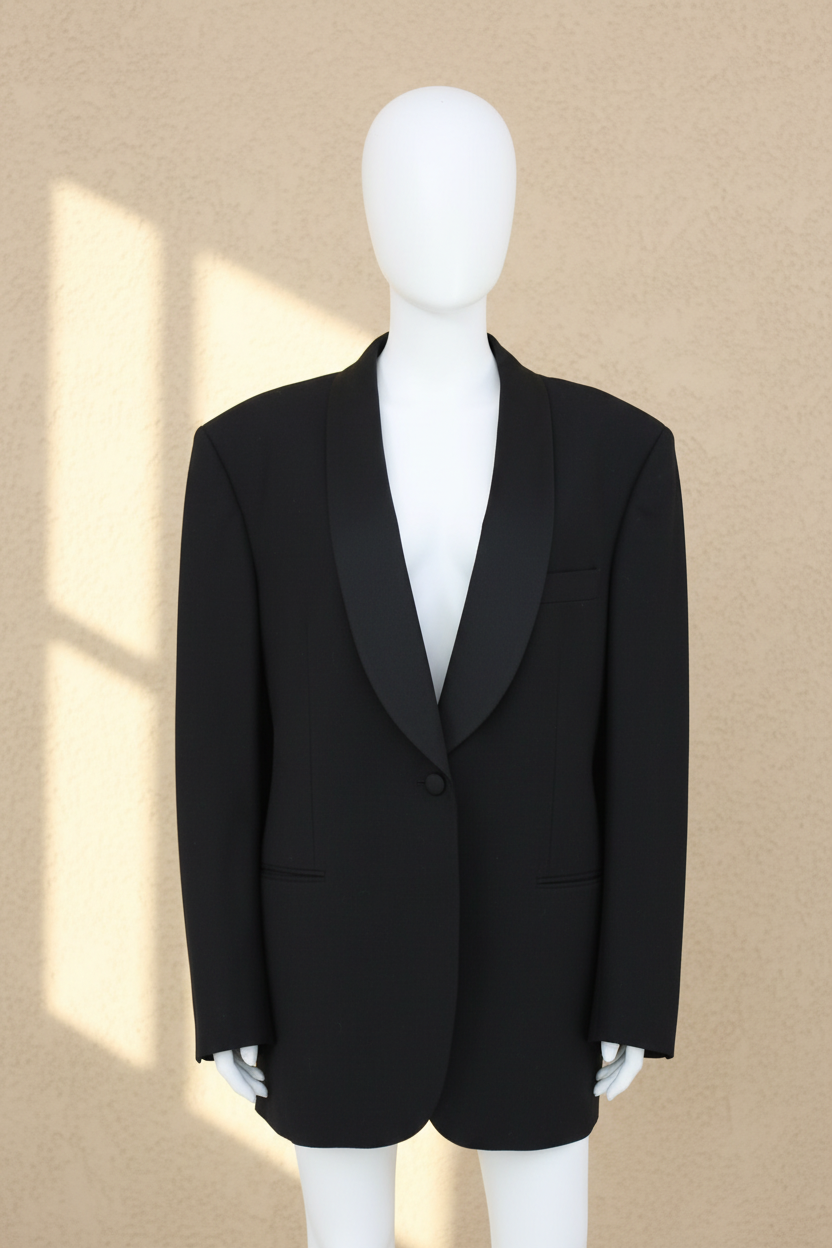 Blazer noir en laine Splendid avec col châle satiné, coupe structurée élégante sur mannequin, Frippindealz