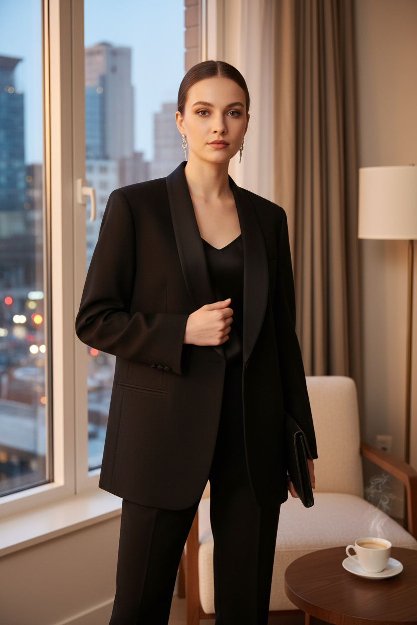 Femme portant un blazer noir structuré en laine Frippindealz, style élégant et minimaliste près d'une fenêtre.