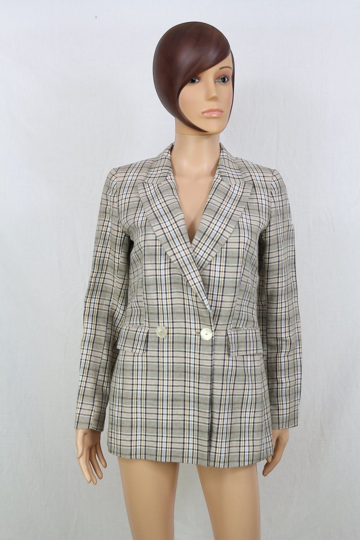 Blazer Frippindealz Massimo Dutti en lin et coton beige à carreaux multicolores, coupe croisée élégante