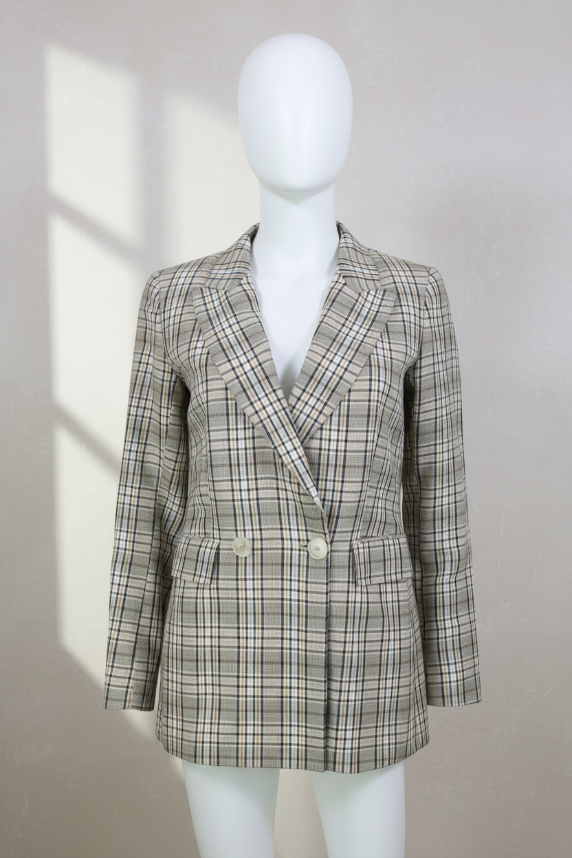 Blazer Frippindealz Massimo Dutti à carreaux multicolores en lin et coton, coupe cintrée élégante pour femme
